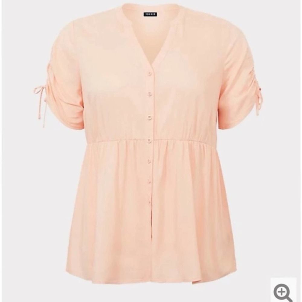 Torrid PEACH CHALLIS TIE SLEEVE BABYDOLL TOP Blouse Button Down Hi Low V Neck - Picture 5 of 9